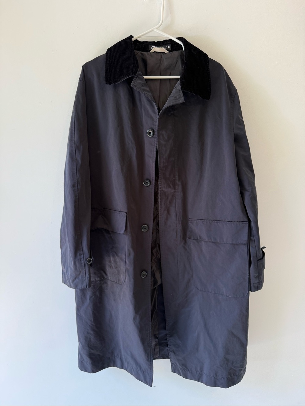 Zara Men’s Waxed Nylon Coat Corduroy Collar Black Size M Trench Jacket